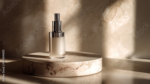 Serum bottle on marble podium with soft, natural lighting