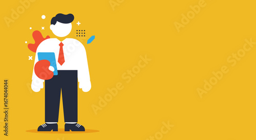 Flat design illustration of a businessman holding a tablet and creative elements on a yellow background, ideal for business, technology, and innovative professional concepts.