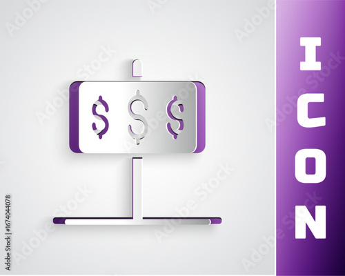 Paper cut House with dollar symbol icon isolated on grey background. Home and money. Real estate concept. Paper art style. Vector