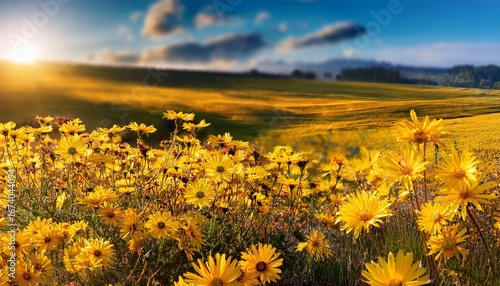 zoomed in image of numerous bright yellow blooms with a subtly blurred yellow wildflower landscape