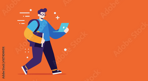 Dynamic illustration of a young person walking with a laptop and backpack. Represents modern education, remote work, digital lifestyle, and career growth.