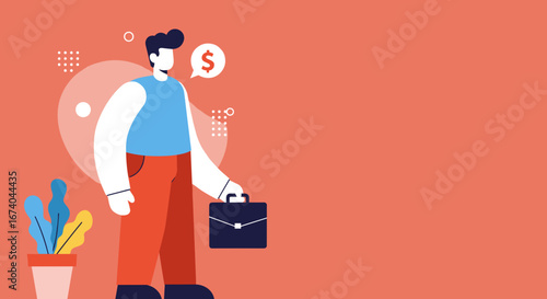 Stylized businessman holding a briefcase with a dollar sign thought bubble, representing financial goals, career ambition, or income. Ideal for business, finance, or corporate themes.