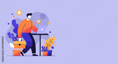 Modern professional working remotely on a laptop in a vibrant, minimalist workspace. Ideal for concepts of digital business, productivity, and career.