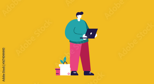 Man works on laptop, symbolizing remote work, productivity, and modern lifestyle. Freelance, technology, and business concepts. Plant suggests growth/balance.