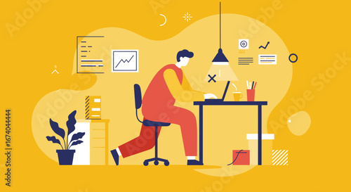 Man efficiently working on a laptop at a modern desk, surrounded by office elements. Represents remote work, business productivity, and digital lifestyle.