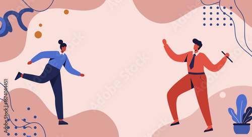 Dynamic illustration of diverse business professionals collaborating. Ideal for concepts of teamwork, leadership, communication, and development.