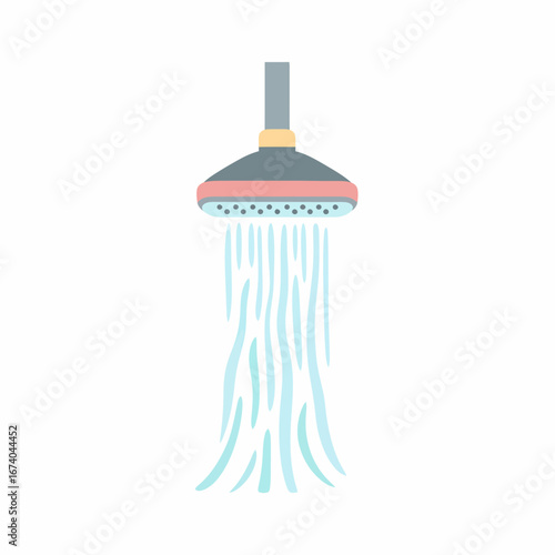 Shower Head with Flowing Water Gray and Pink Fixture Bathroom Illustration.