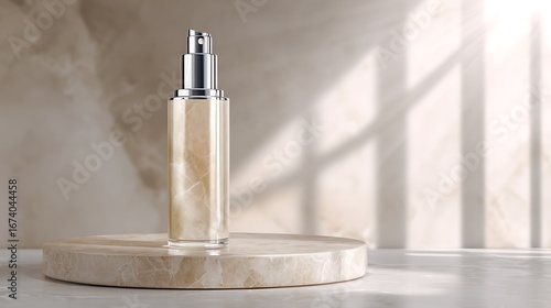 Elegant serum bottle on a marble podium with soft lighting
