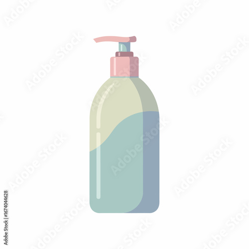 Illustrated plastic pump bottle with pink dispenser cream top and blue liquid inside for hygiene.