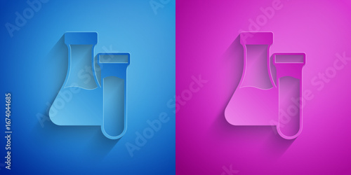 Paper cut Test tube and flask chemical laboratory test icon isolated on blue and purple background. Laboratory glassware sign. Paper art style. Vector