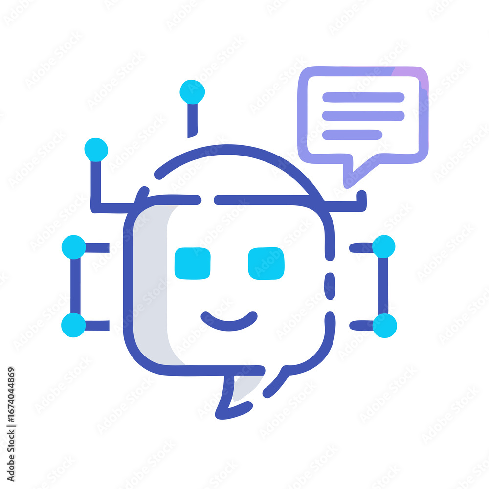 Obraz premium Minimal flat vector icon of a chatbot head with glowing speech bubble, futuristic design, clean geometric lines, isolated on white background, editable vector.