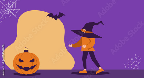 Illustration of a witch walking towards a spooky jack-o'-lantern under a bat and spiderweb, perfect for Halloween celebrations and festive marketing.