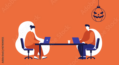 Two colleagues work diligently on laptops at a table, with a festive Halloween jack-o'-lantern decoration hinting at the season. Represents professional productivity and seasonal workplace themes.
