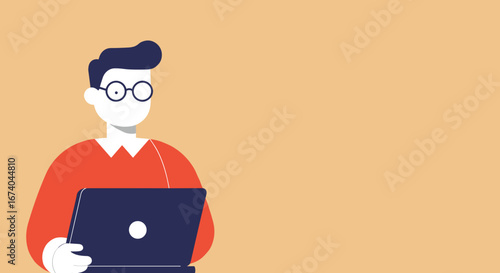 Minimalist illustration of a young person wearing glasses, focused on a laptop. Represents online learning, remote work, or technology usage in a modern lifestyle.