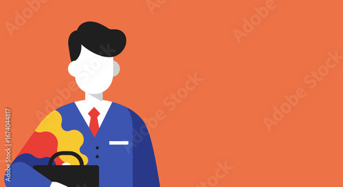 Professional man in suit holding briefcase, adorned with colorful creative splashes. Represents innovation, work-life balance, and business solutions.