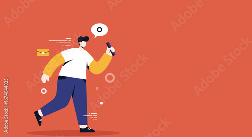 Stylized man walking while actively using a smartphone, symbolizing mobile communication, messaging, and digital lifestyle concepts.