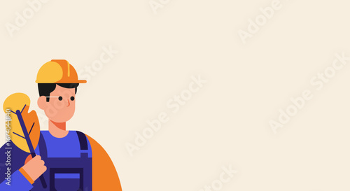 Illustrated worker in a hard hat and overalls holding a plant, representing green building, sustainability, and environmental care. Suitable for business and industry.
