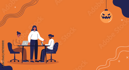 Diverse businesswomen collaborate on laptops in a modern office, fostering teamwork and productivity under a festive Halloween light. Ideal for seasonal business themes.