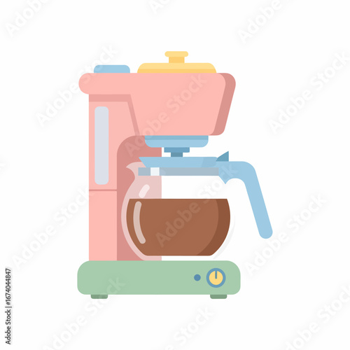 Pastel pink and blue drip coffee maker with a full glass carafe depicted in a charming flat illustration style.