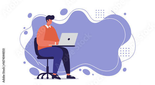 A focused man uses his laptop for remote work or online learning, embodying productivity and modern digital lifestyle. Ideal for business, education, or technology concepts.