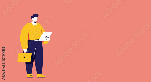 Professional man in modern flat design style holds a laptop and briefcase, representing business, digital work, and technology. Ideal for corporate or remote work concepts.
