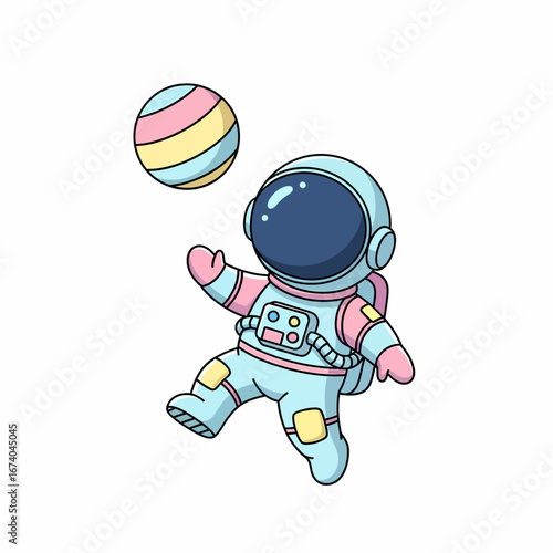 Cartoon Astronaut Floating with Striped Ball Light Blue Suit Pink Accents.