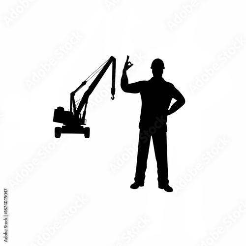 Worker signaling crane operator with hand gestures silhouette isolated on white background