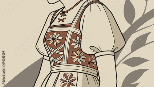 Vintage Style Illustration of a Woman in Traditional Folk Dress with Floral Embroidery and Puffed Sleeves, Cultural Attire