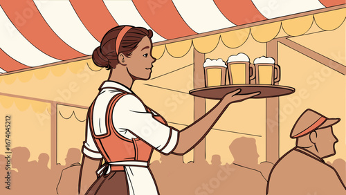 Bavarian Waitress in Traditional Dirndl Serving Foamy Beer Mugs at a Festive Beer Hall Event Illustration