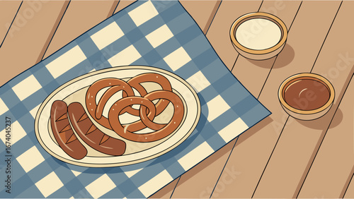 Bavarian Oktoberfest Feast: Illustrated Plate of Pretzels, Sausages, and Dipping Sauces on a Checkered Cloth and Wooden Table