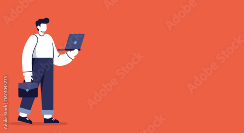 Professional man using a laptop and carrying a briefcase, symbolizing modern business, digital work, and career mobility. Ideal for corporate and technology themes.