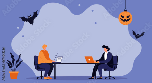Two people working on laptops at a desk, surrounded by festive Halloween decorations, symbolizing seasonal business operations or holiday planning in a modern office environment.