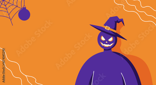 Festive Halloween illustration featuring a spooky purple character with a jack-o'-lantern face and witch hat on an orange background, perfect for holiday promotions and seasonal designs.