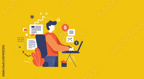 A vibrant illustration of a person diligently working on a laptop, surrounded by symbols of productivity, finance, and information. Ideal for business, education, or freelance concepts.