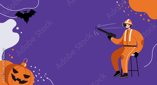 Illustration of a person in a VR headset playing an immersive game, surrounded by festive Halloween decorations. Combines technology, entertainment, and holiday fun.