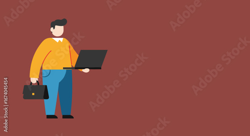 Flat design illustration of a businessman holding a laptop and a briefcase, symbolizing remote work, productivity, or mobile business. Ideal for technology, freelance, and professional concepts.