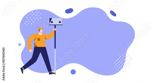 Male surveyor or engineer character holding a measuring instrument, walking against a vibrant abstract background. Concept for construction, engineering, and land surveying projects.