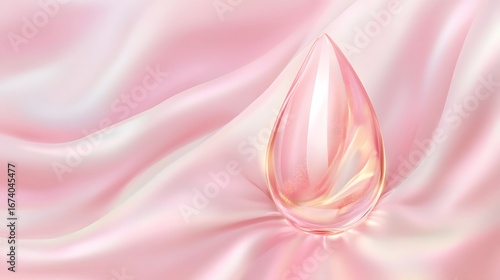 Pink iridescent liquid drop on silk fabric, beauty product, cosmetic essence, skincare, luxury, elegant, abstract background