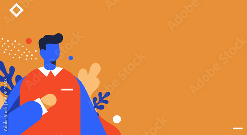 Vibrant illustration of a modern professional in a red polo shirt on an orange background with abstract elements. Ideal for business, tech, or lifestyle designs.