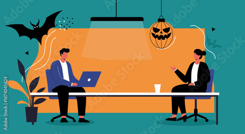 Business colleagues in a festive office meeting, decorated for Halloween with a pumpkin and bats. Ideal for seasonal workplace culture or autumn concepts.