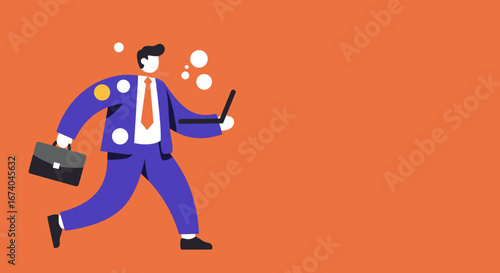 Modern businessman walking, juggling a briefcase and laptop, with thought bubbles. Symbolizes multitasking, busy professional life, digital work, and innovation.