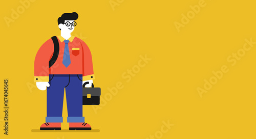 Young man, a student or professional, with a briefcase and backpack, ready for education or career. Concept of learning, success, and growth.