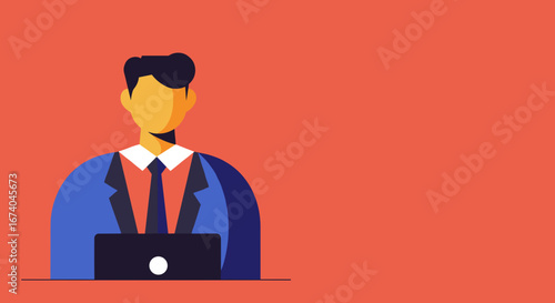 Professional businessman in a suit working on a laptop with ample copy space. Ideal for concepts of productivity, digital work, remote office, and corporate communication.