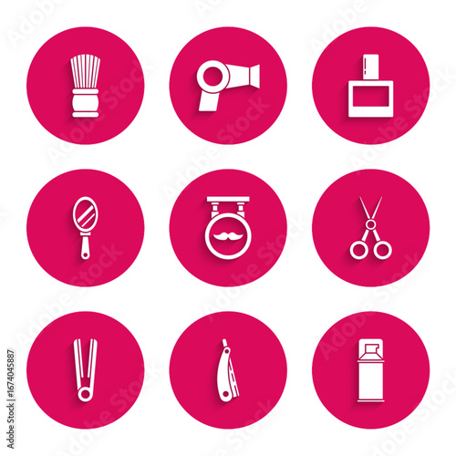 Set Barbershop, Straight razor, Shaving gel foam, Scissors hairdresser, Curling iron for, Hand mirror, Aftershave and brush icon. Vector