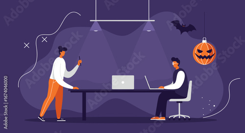 Professional colleagues collaborating in a modern office, utilizing laptops and a smartphone, with festive Halloween decor. Ideal for business, productivity, or holiday marketing concepts.