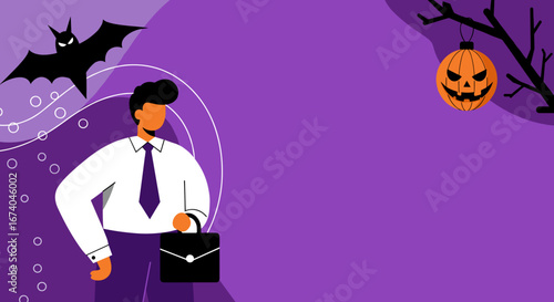 Stylish businessman with a briefcase stands against a vibrant purple background featuring a spooky bat and a hanging Halloween pumpkin. Ideal for seasonal business concepts.