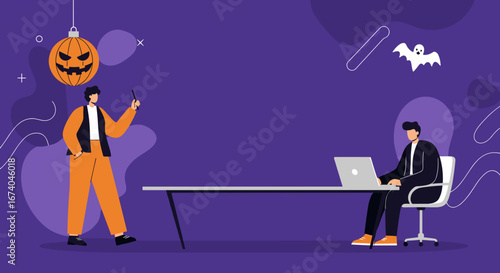 Business professionals in a modern office, celebrating Halloween with festive decorations. Ideal for seasonal corporate content.