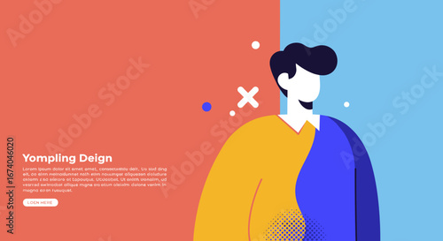 Modern flat design illustration of a cheerful person against a split colorful background, ideal for technology, business, or creative projects.