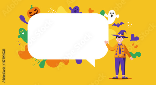 Cheerful character in a witch costume presents a blank speech bubble for Halloween messages, promotions, or event announcements on a festive yellow background.