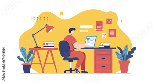 Man working productively on a laptop at a modern home office desk, featuring books and plants. Illustrates concepts of remote work, education, and lifestyle.